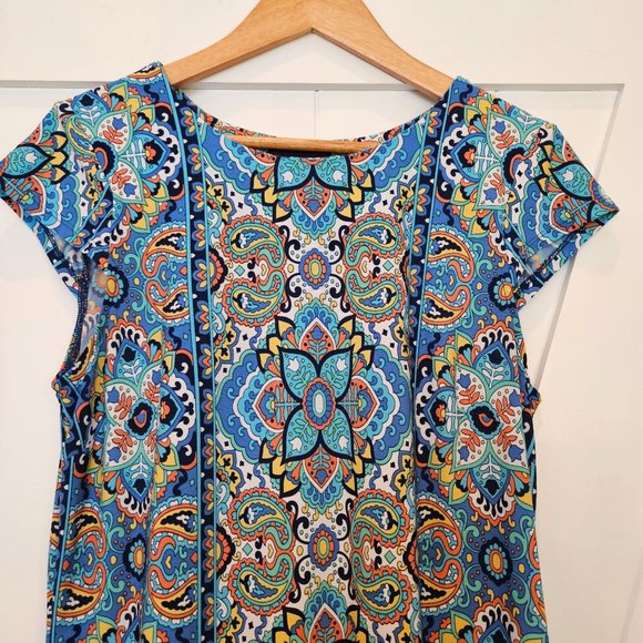 Liz Claiborne Blue, Orange Medallion Print Knit Shift Dress, Size 10 - Picture 2 of 9